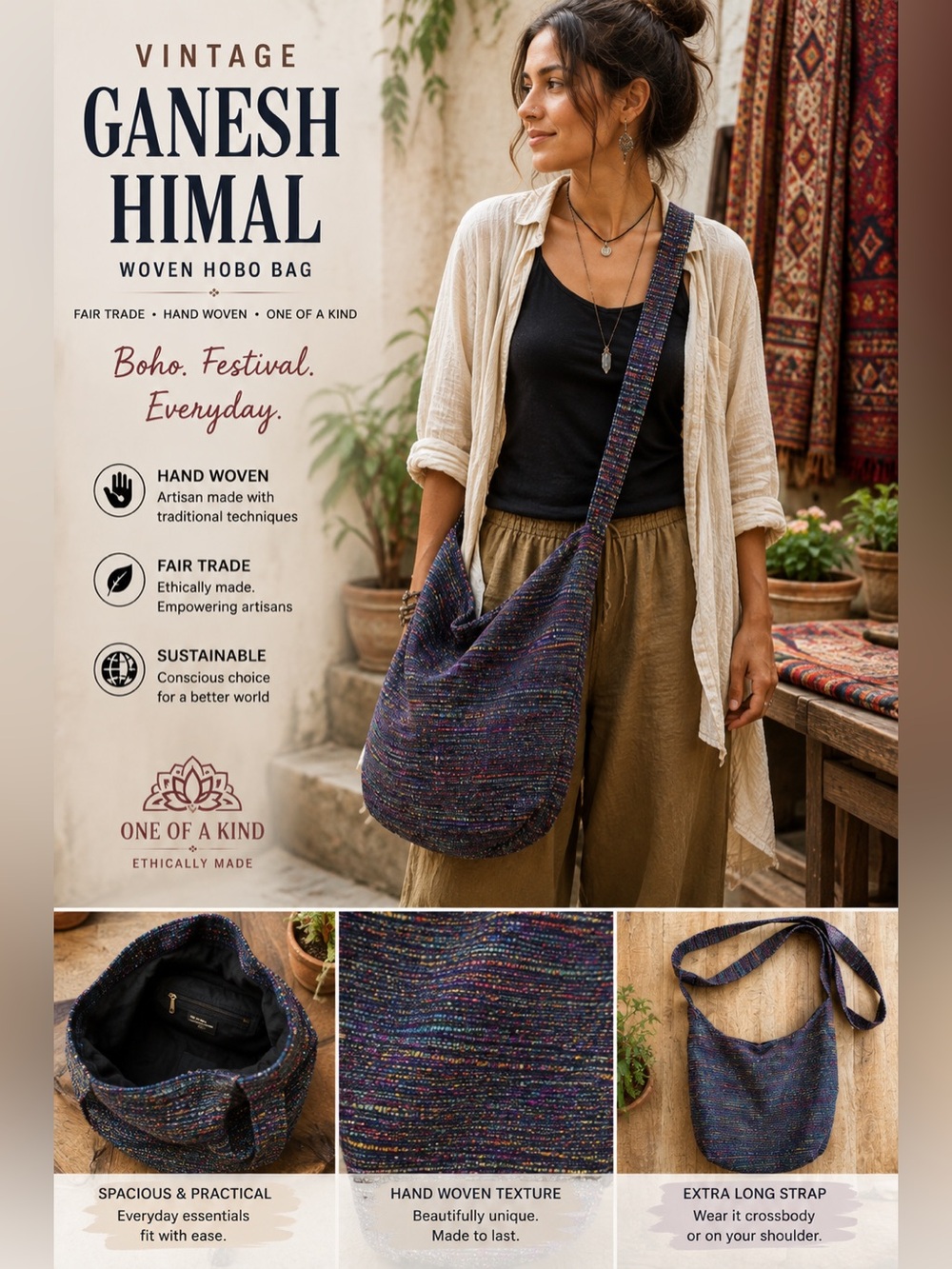 Vintage Ganesh Himal Nepal Fair Trade Woven Hobo Bag Boho Festival Y2K Phish